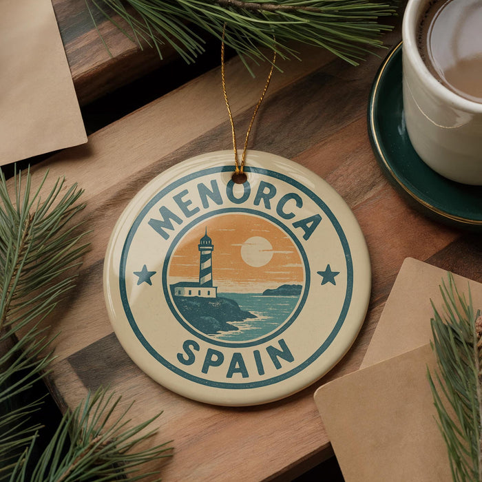 A circular ornament with the text "MENORCA SPAIN" and an illustration of a lighthouse is displayed on a wooden surface, surrounded by pine branches and a cup of coffee.