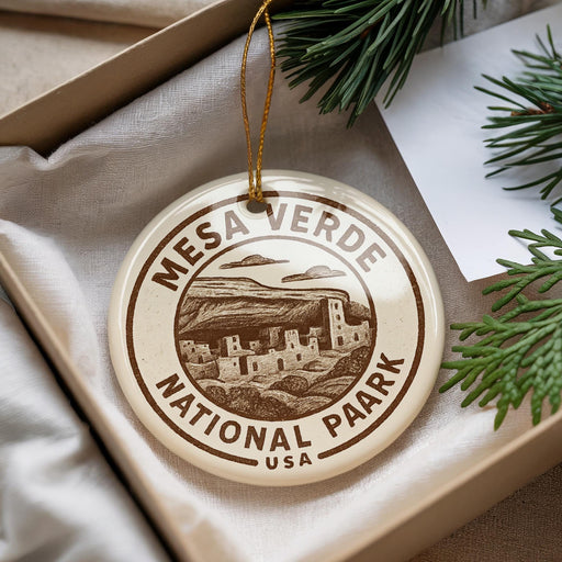 A circular ornament with the text "MESA VERDE NATIONAL PAARK USA" printed on it, hanging from a string.
