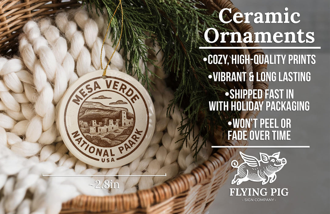 a ceramic ornament hanging from a wicker basket, with a text overlay providing information about the ornament.