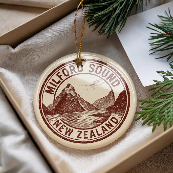 A circular ornament with the text "MILFORD SOUND NEW ZEALAND" printed on it, hanging from a string.