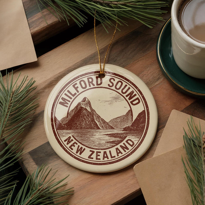 A circular ornament with the text "Milford Sound, New Zealand" printed on it, surrounded by pine branches and a cup of coffee on a wooden surface.