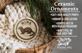 Ceramic ornaments, featuring a ceramic mink ornament with a tree branch and pine needles, placed in a woven basket.