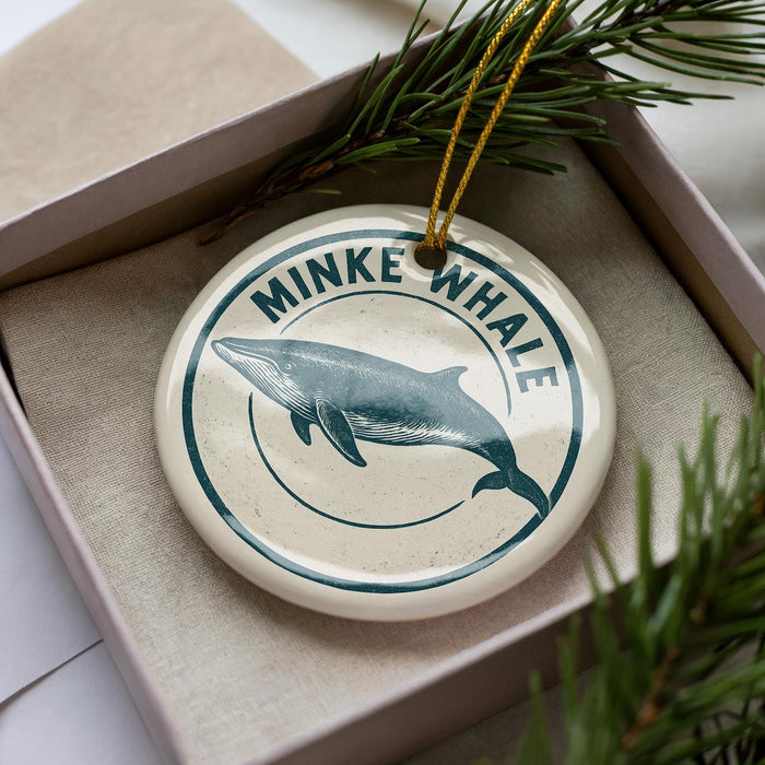 A decorative ornament in a box, featuring a blue and white design of a whale.