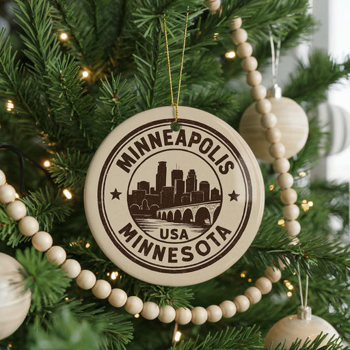 A Christmas tree decorated with ornaments, including a circular ornament with the text "MINNEAPOLIS USA MINNESOTA" and a silhouette of a city skyline.