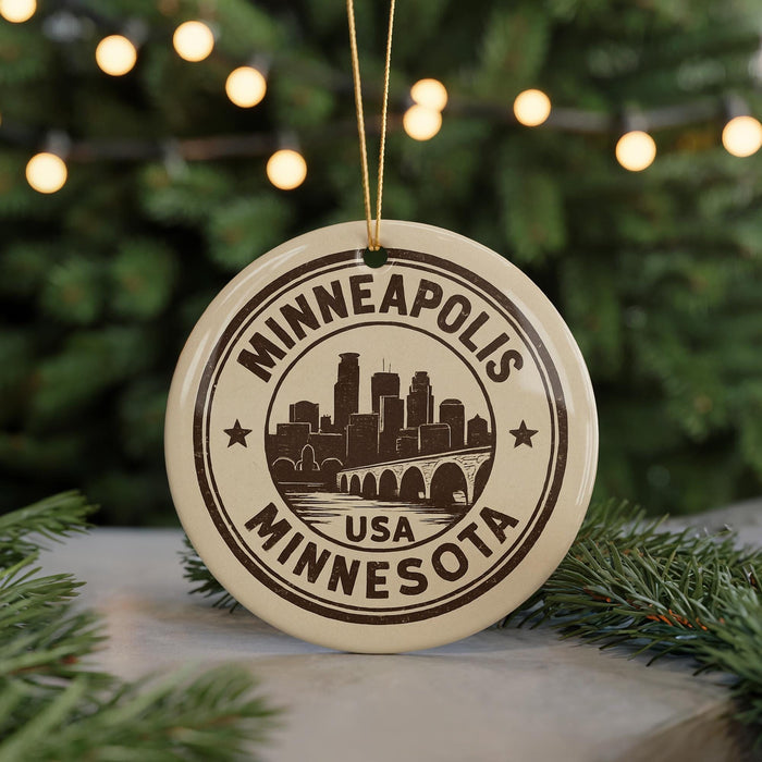 A circular ornament with the text "MINNEAPOLIS USA" and a graphic of a city skyline, hanging from a string.