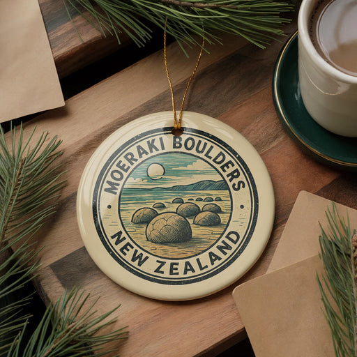 A circular ornament with the text "MOERAKI BOULDERS NEW ZEALAND" and an illustration of a rocky landscape is displayed on a wooden surface, accompanied by pine branches and a cup of coffee.