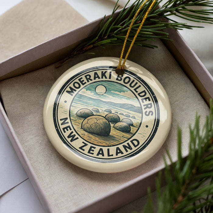 A circular ornament with the text "MOERAKI BOULDERS NEW ZEALAND" printed on it, surrounded by pine branches.