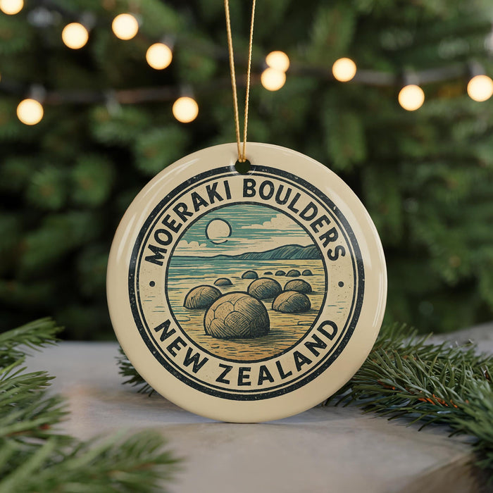 A circular ornament with the text "MOERAKI BOULDERS NEW ZEALAND" and an illustration of a rocky landscape, hanging from a string.
