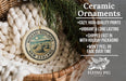 Ceramic ornaments, specifically Moeraki Boulder's New Zealand ornaments, are displayed in a woven basket. The text highlights the ornaments as cozy, high-quality prints with vibrant and long-lasting vibrancy, and mentions that they are shipped fast in holiday packaging, preventing peeling or fading over time. The image also includes a scale for the ornaments and a logo for the Flying Pig sign company.
