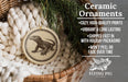 Ceramic ornaments, featuring a ceramic ornament with a lizard design, are displayed in a wicker basket.