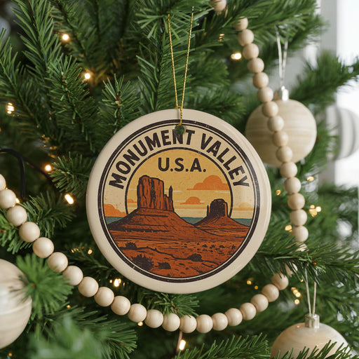 A circular ornament on a Christmas tree, featuring a desert landscape with mountains and a monument, is hanging from a string of beads.