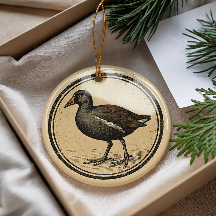 A decorative ornament featuring a black bird is displayed in a box, surrounded by pine branches and a white card.