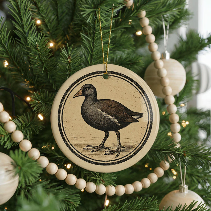 A Christmas tree decorated with ornaments, including a circular ornament featuring a black bird illustration.