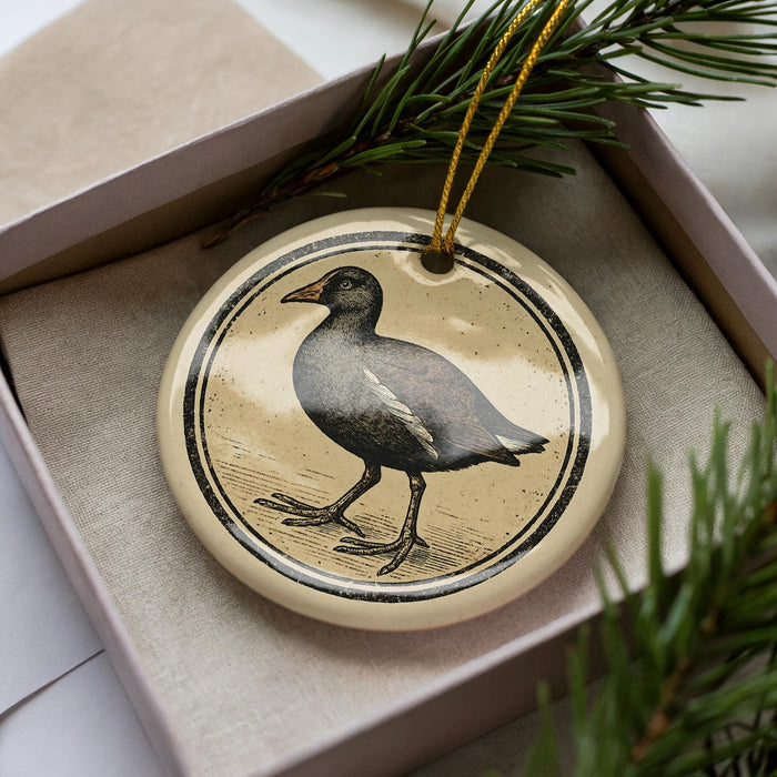 A ceramic ornament in a box, featuring a black bird illustration.