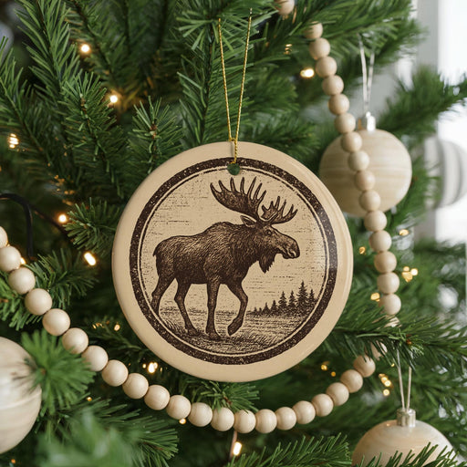 A Christmas tree decorated with ornaments, including a circular ornament featuring a moose illustration.