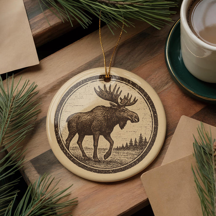A decorative ornament featuring a moose is displayed on a wooden surface, surrounded by pine branches and a cup of coffee.