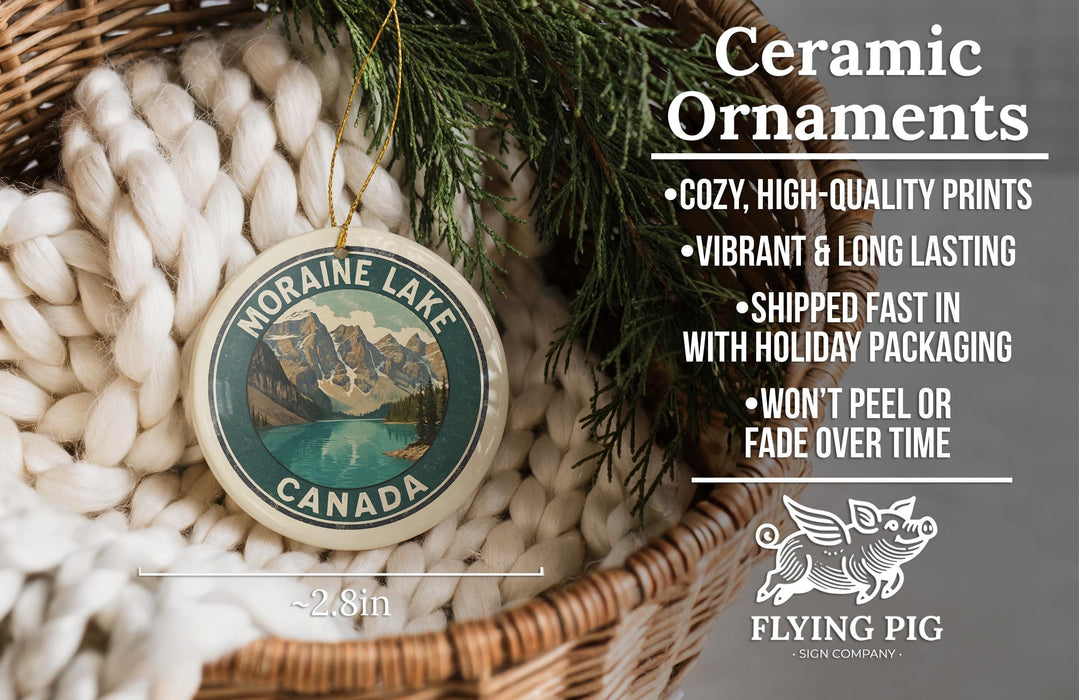 a ceramic ornament hanging from a wicker basket, with a description of the ornament and its features.