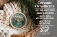a ceramic ornament hanging from a wicker basket, with a description of the ornament and its features.