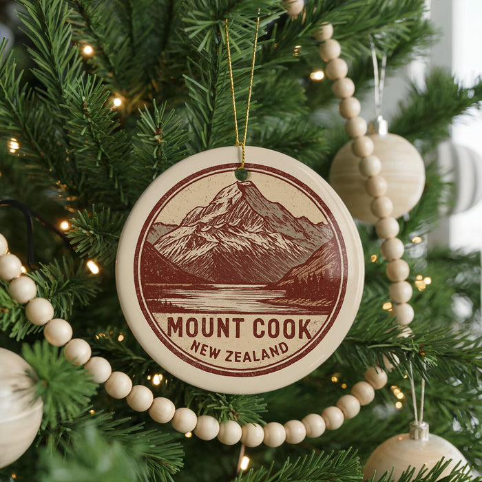 A Christmas tree decorated with ornaments, including a circular ornament with a mountain and lake design, and a string of wooden beads.