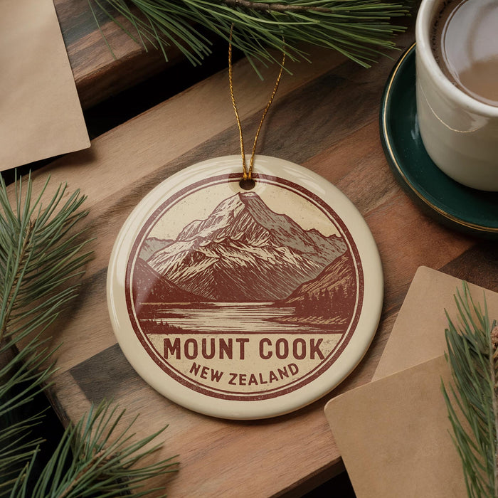 A circular ornament with a mountain landscape and the text "Mount Cook New Zealand" is displayed on a wooden surface, surrounded by pine branches and a cup of coffee.