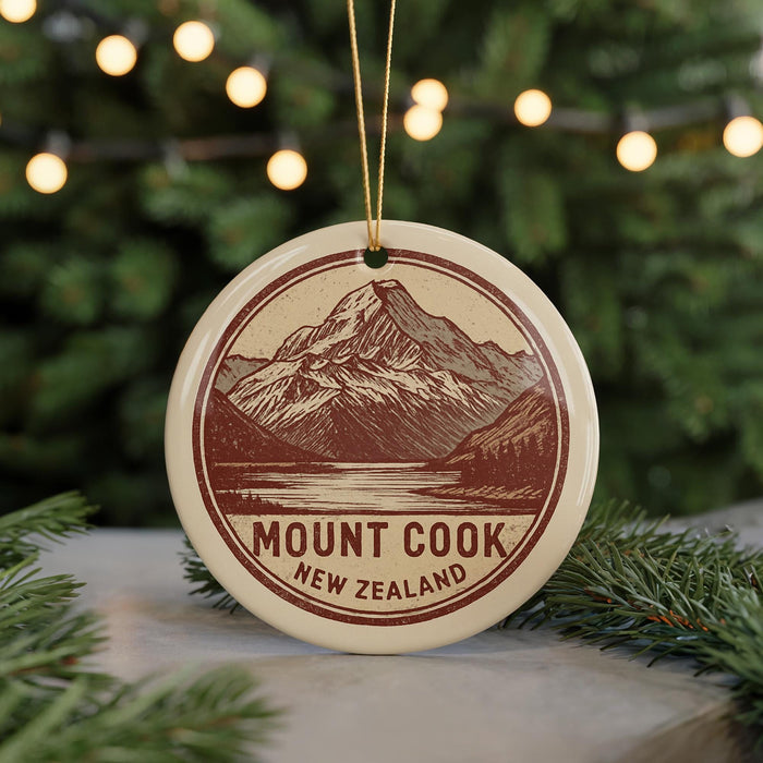 A circular ornament with a mountain landscape and the text "Mount Cook New Zealand" on it, hanging from a string.