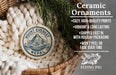 Ceramic ornaments, including a round ornament with a mountain and Nepal printed on it, are displayed in a woven basket.