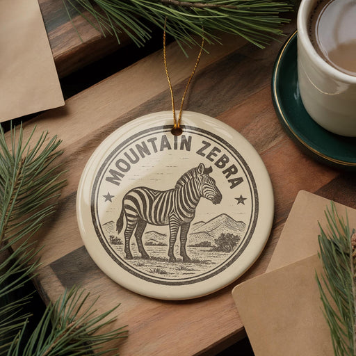 A decorative ornament featuring a zebra standing in a grassy field, with the text "MOUNTAIN ZEBRA" around the image.