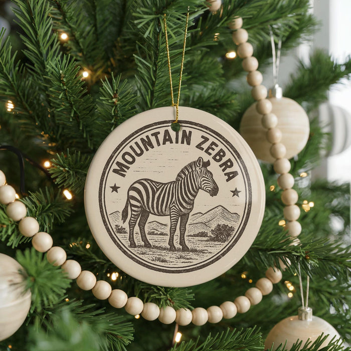 A Christmas tree decorated with a circular ornament featuring a zebra and the text "MOUNTAIN ZEBRA".