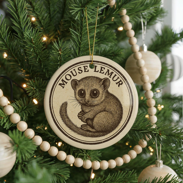 A Christmas tree decorated with ornaments, including a round ornament featuring a cartoon image of a mouse and the text "MOOSE LEMUR".