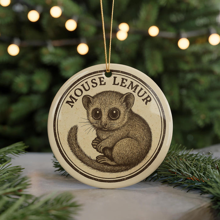 A round ornament featuring a cartoon image of a mouse with the text "MOUSE LEMUR" on it, hanging from a string.