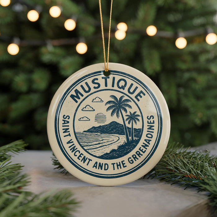 A circular ornament with the text "MUSTIQUE SAINT VINCENT AND THE GREMEN" and a graphic of a tropical beach and palm trees.
