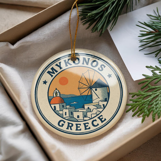 A decorative ornament with a circular design featuring a windmill and a sunset, surrounded by the text "MY KONOS GREECE".