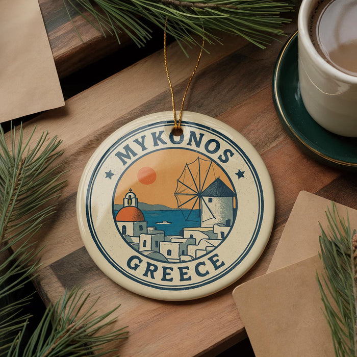 A decorative ornament featuring a circular design with a windmill and a cityscape, surrounded by the text "MYKNOOS GREECE". The ornament is placed on a wooden surface, with pine branches and a cup of coffee nearby.