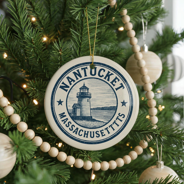 A Christmas tree decorated with ornaments, including a circular ornament with a lighthouse and the text "NANTUCHET MASSACHUSETTS".