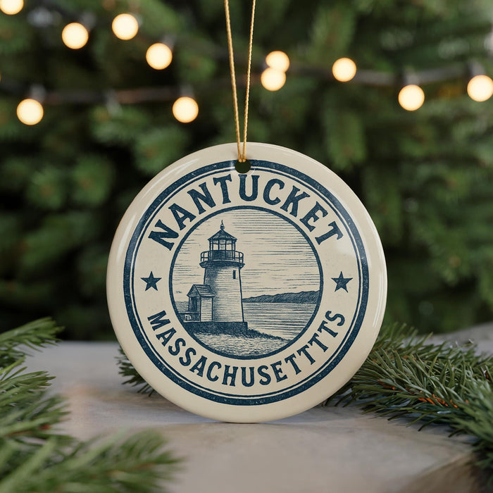 A circular ornament with the text "NANTUCKET MASSACHUSETTS" and a lighthouse illustration, hanging from a string.