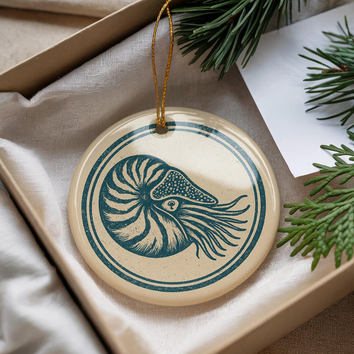 A round ornament with a blue and white design featuring a nautilus shell is displayed in a box, surrounded by pine branches.