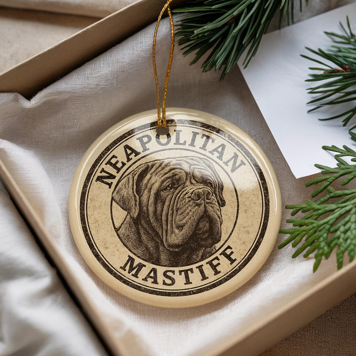 A round ornament with a dog image and the text "NEAPOLITAN MASTIFF" printed on it, hanging from a string.