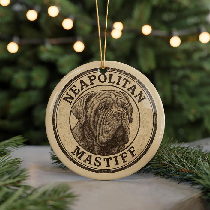 A circular ornament featuring a dog's head and the text "NEAPOLITAN MASTIFF" is displayed in front of a Christmas tree with twinkling lights.