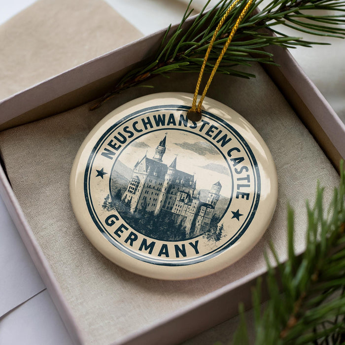 A circular ornament with the text "NEUSCHWANSTEIN CASTE" and "GERMANY" printed on it, along with a castle image, is displayed in a box with pine branches.