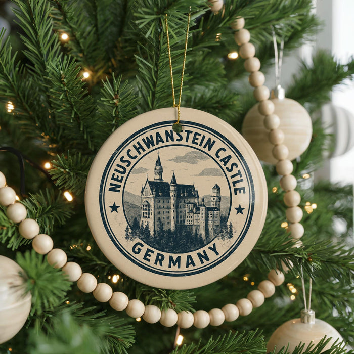 A Christmas tree decorated with ornaments, including a circular ornament with the text "NEUSSCHWANSTEIN CASTLE GERMANY" and a castle illustration.