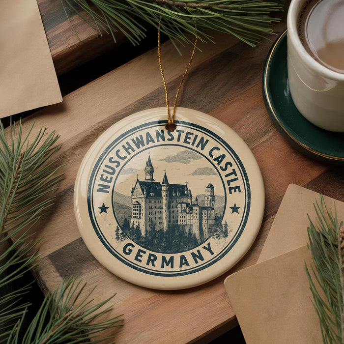 A circular ornament with the text "NEUCHWANTSEIN CASTLE GERMANY" and an illustration of a castle is displayed on a wooden surface, accompanied by pine branches and a cup of coffee.