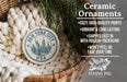 a ceramic ornament with a New York City USA design, hanging in a basket with pine branches. The ornament is described as a " Ceramic Ornaments" and is described as "COZY, HIGH-QUALITY PRINTS", "VIBANT & LONG LASTING", "SHIPPED FAST IN WITH HOLIDAY PACKAGING", and "WON'T EEL OR FADE OVER TIME". The image also includes a scale indicating the ornament's size, with the text "2.8in" and a logo for "FLYING PIG - SIGN COMPANY&quot