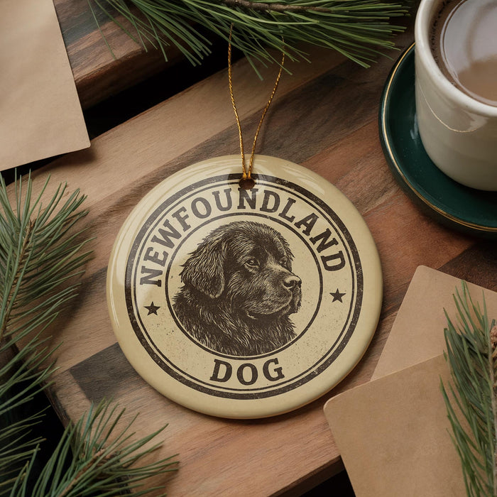 A circular ornament featuring a black dog's head and the text "NEWFOUNDLAND DOG" is displayed on a wooden surface, surrounded by pine branches and a cup of coffee.