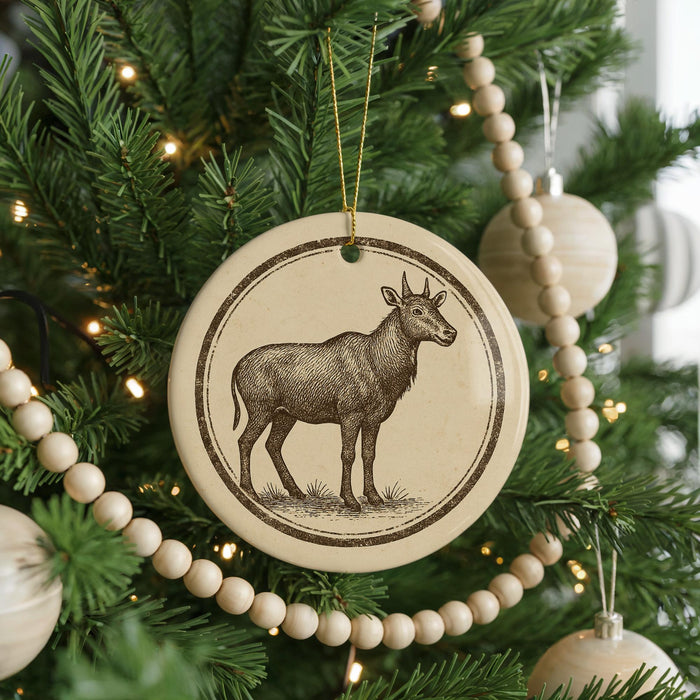 A Christmas tree decorated with ornaments, including a circular ornament featuring a deer silhouette.