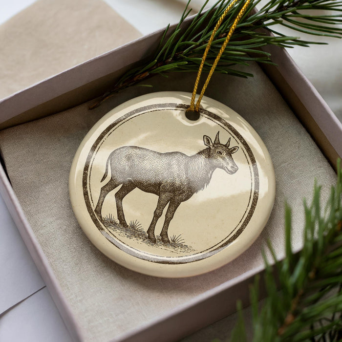 A ceramic ornament featuring a detailed illustration of a deer or antelope, displayed in a box with pine branches.