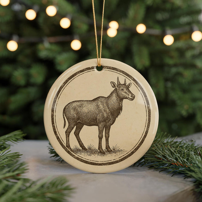 A round ornament featuring a detailed illustration of a gazelle or antelope, with a string hanging from it, placed on a surface with pine branches in the background.