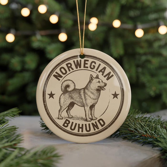 A round ornament featuring a dog, specifically a Norwegian Buhund, with the text "NORWEGIAN Buhund" printed on it.