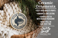 Ceramic ornaments, specifically a round ornament with a fish design, are displayed in a woven basket.