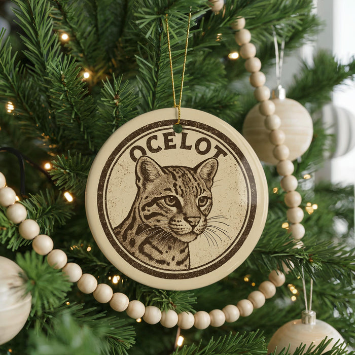 A Christmas tree decorated with ornaments, including a circular ornament with a cat image and the word "OCELOT" written on it.