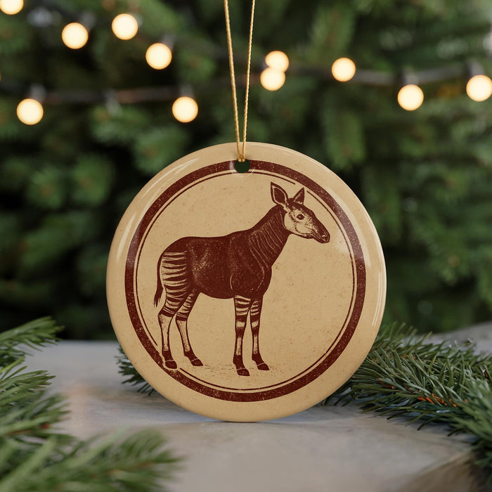 A circular ornament featuring a zebra silhouette is displayed against a blurred background of a Christmas tree with twinkling lights.